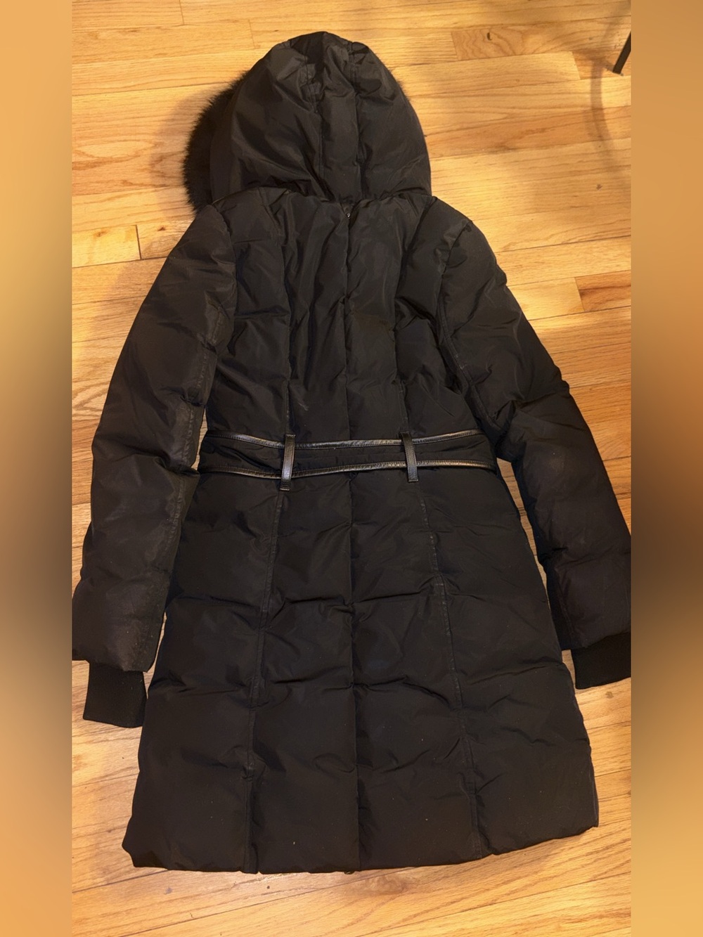 Mackage Black Hooded Long Puffer Coat with Faux Fur Trim